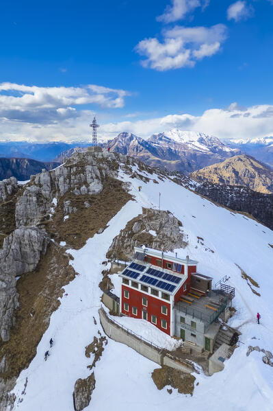 Aerial view of the top of Monte Resegone and Rifugio Azzoni in winter. Lecco, Lombardy, Italy, Europe.