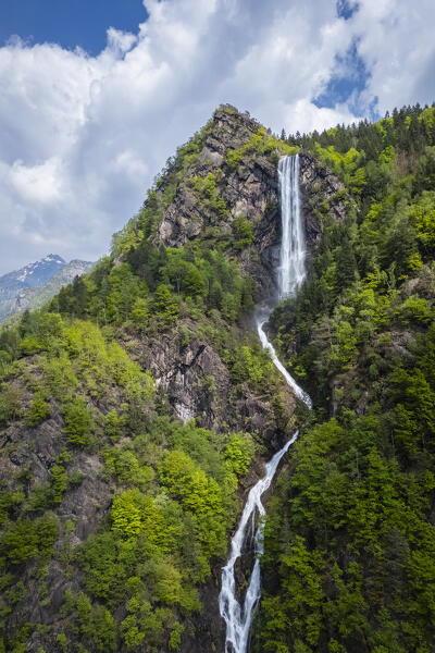 Aerial view of the artificial waterfall of Fondra, the highest in Italy. Fondra, Isola di Fondra, Bergamo province, Brembana valley, Lombardy, Italy, Europe.