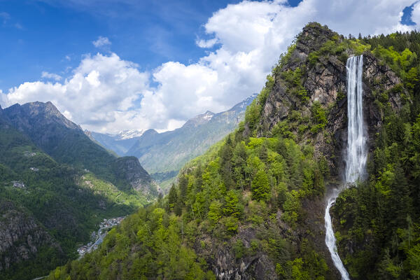 Aerial view of the artificial waterfall of Fondra, the highest in Italy. Fondra, Isola di Fondra, Bergamo province, Brembana valley, Lombardy, Italy, Europe.