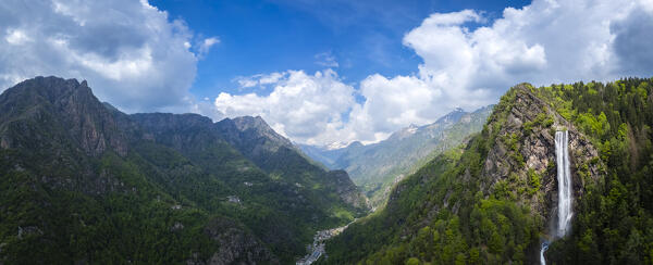 Aerial view of the artificial waterfall of Fondra, the highest in Italy. Fondra, Isola di Fondra, Bergamo province, Brembana valley, Lombardy, Italy, Europe.