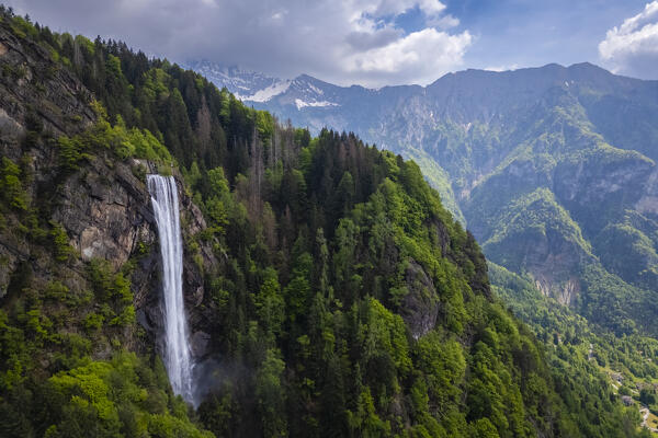 Aerial view of the artificial waterfall of Fondra, the highest in Italy. Fondra, Isola di Fondra, Bergamo province, Brembana valley, Lombardy, Italy, Europe.