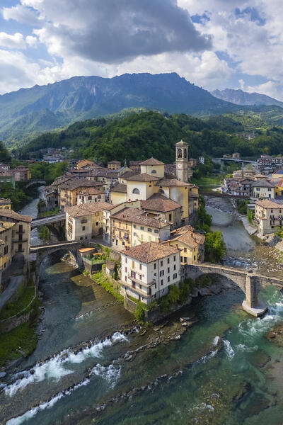 Aerial view of the town of San Giovanni Bianco, divided by two rivers. Bergamo province, Brembana valley, Lombardy, Italy, Europe.