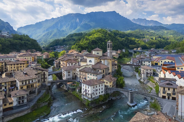 Aerial view of the town of San Giovanni Bianco, divided by two rivers. Bergamo province, Brembana valley, Lombardy, Italy, Europe.