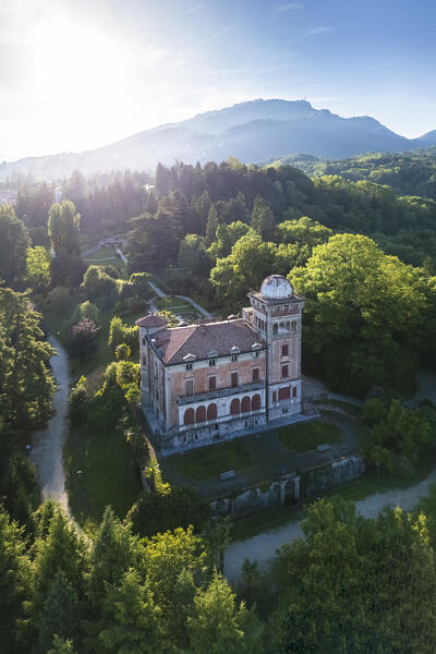 Spring sunset over Villa Toeplitz and its gardens. Varese, Lombardy, Italy.