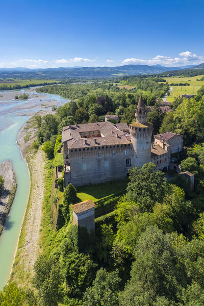 Aerial view of the medieval castle of Rivalta built on the river Trebbia. Piacenza district, Emilia-Romagna, Italy.