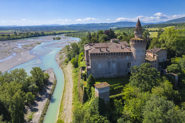 Aerial view of the medieval castle of Rivalta built on the river Trebbia. Piacenza district, Emilia-Romagna, Italy.