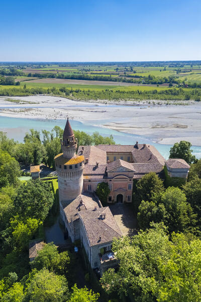 Aerial view of the medieval castle of Rivalta built on the river Trebbia. Piacenza district, Emilia-Romagna, Italy.