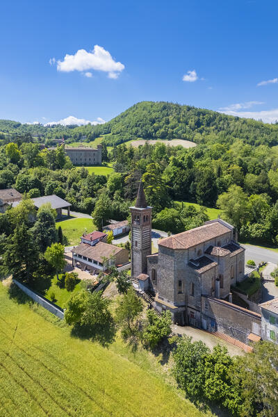 Aerial view of the medieval castle of Rezzanello. Piacenza district, Emilia-Romagna, Italy.