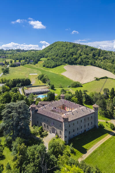 Aerial view of the medieval castle of Rezzanello. Piacenza district, Emilia-Romagna, Italy.