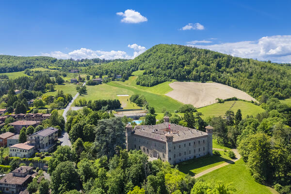 Aerial view of the medieval castle of Rezzanello. Piacenza district, Emilia-Romagna, Italy.