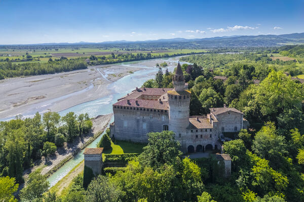 Aerial view of the medieval castle of Rivalta built on the river Trebbia. Piacenza district, Emilia-Romagna, Italy.