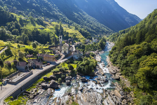 Aerial view of the church and town of Lavertezzo. Lavertezzo, Verzasca Valley, Locarno, Canton Ticino, Switzerland, Western Europe.