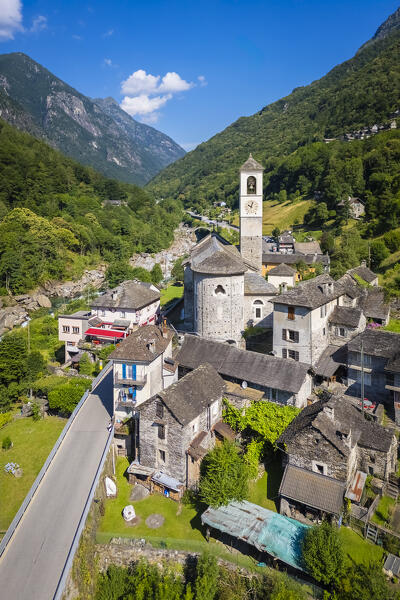 Aerial view of the church and town of Lavertezzo. Lavertezzo, Verzasca Valley, Locarno, Canton Ticino, Switzerland, Western Europe.