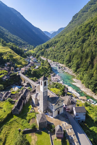 Aerial view of the church and town of Lavertezzo. Lavertezzo, Verzasca Valley, Locarno, Canton Ticino, Switzerland, Western Europe.