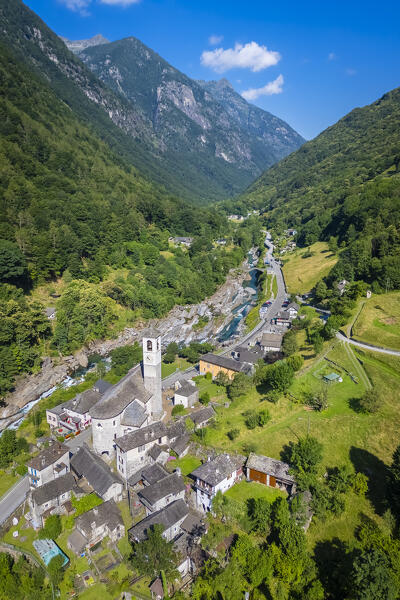 Aerial view of the church and town of Lavertezzo. Lavertezzo, Verzasca Valley, Locarno, Canton Ticino, Switzerland, Western Europe.