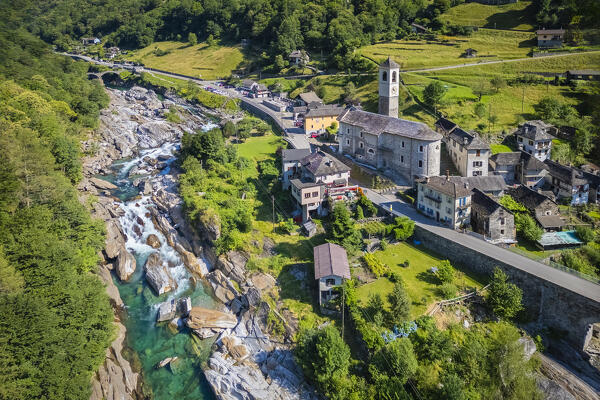 Aerial view of the church and town of Lavertezzo. Lavertezzo, Verzasca Valley, Locarno, Canton Ticino, Switzerland, Western Europe.