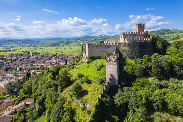 Aerial view of the Scaligero castle of Soave in summer. Verona district, Veneto, Italy, Europe.