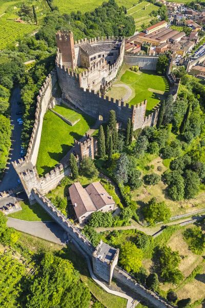 Aerial view of the Scaligero castle of Soave in summer. Verona district, Veneto, Italy, Europe.