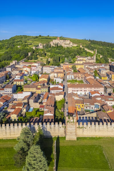 Aerial view of the Scaligero castle of Soave in summer. Verona district, Veneto, Italy, Europe.