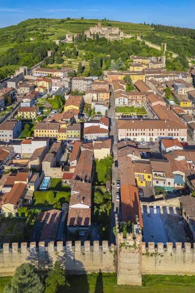 Aerial view of the Scaligero castle of Soave in summer. Verona district, Veneto, Italy, Europe.