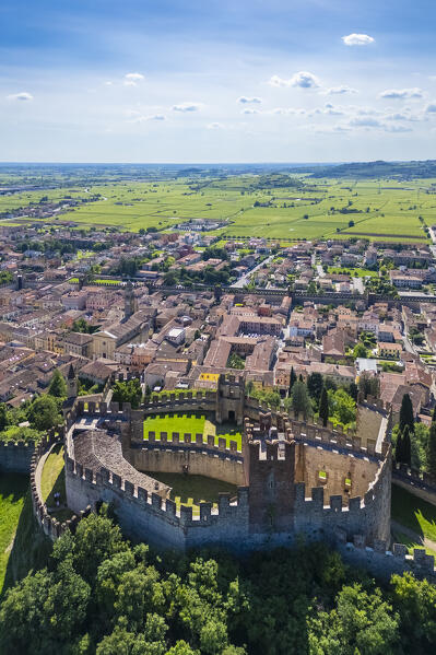 Aerial view of the Scaligero castle of Soave in summer. Verona district, Veneto, Italy, Europe.