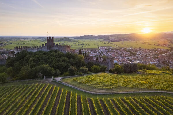 Aerial view of the Scaligero castle of Soave at sunset in summer. Verona district, Veneto, Italy, Europe.