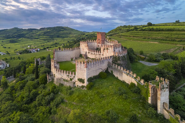Aerial view of the Scaligero castle of Soave at sunset in summer. Verona district, Veneto, Italy, Europe.