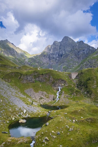 Aerial view of the Aga mount and Lago del Diavolo in summer. Carona, Val Brembana, Alpi Orobie, Bergamo, Bergamo Province, Lombardy, Italy, Europe.