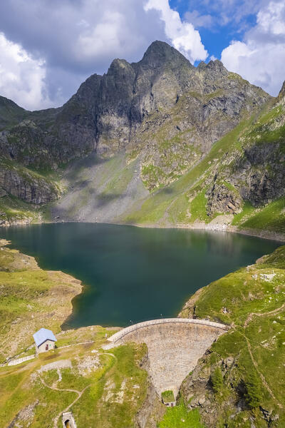 Aerial view of the Aga mount and Lago del Diavolo in summer. Carona, Val Brembana, Alpi Orobie, Bergamo, Bergamo Province, Lombardy, Italy, Europe.