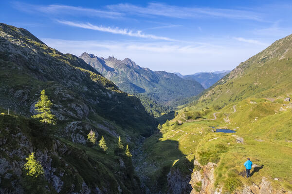 Aerial view from Lago del Diavolo in summer. Carona, Val Brembana, Alpi Orobie, Bergamo, Bergamo Province, Lombardy, Italy, Europe.