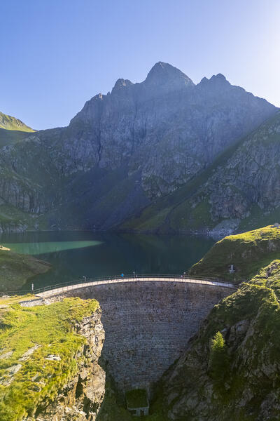Aerial view of the Aga mount and Lago del Diavolo in summer. Carona, Val Brembana, Alpi Orobie, Bergamo, Bergamo Province, Lombardy, Italy, Europe.