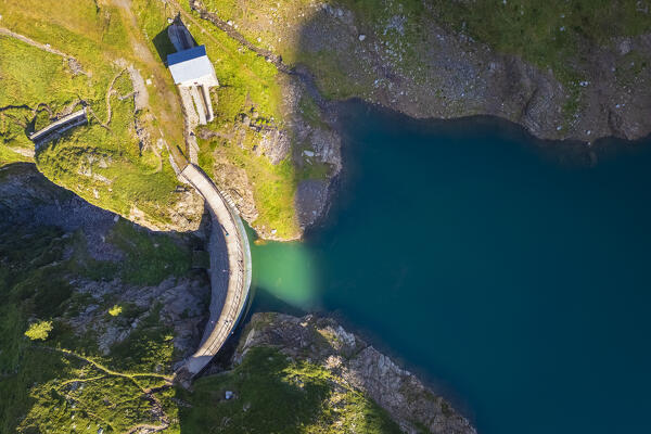 Aerial view of the Aga mount and Lago del Diavolo in summer. Carona, Val Brembana, Alpi Orobie, Bergamo, Bergamo Province, Lombardy, Italy, Europe.