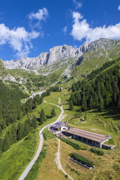 Aerial view of the Presolana from the Cassinelli refuge in summer. Castione della Presolana, Val Seriana, Bergamo district, Lombardy, Italy.