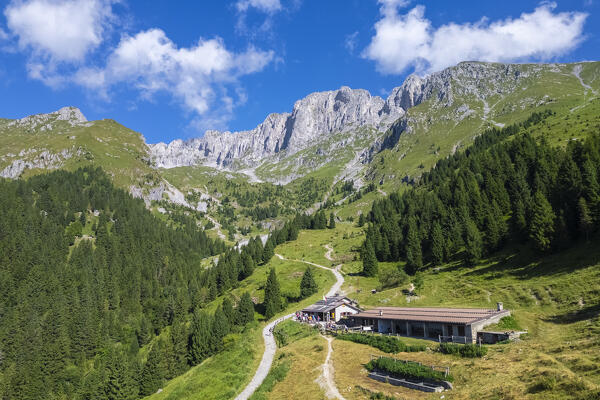 Aerial view of the Presolana from the Cassinelli refuge in summer. Castione della Presolana, Val Seriana, Bergamo district, Lombardy, Italy.