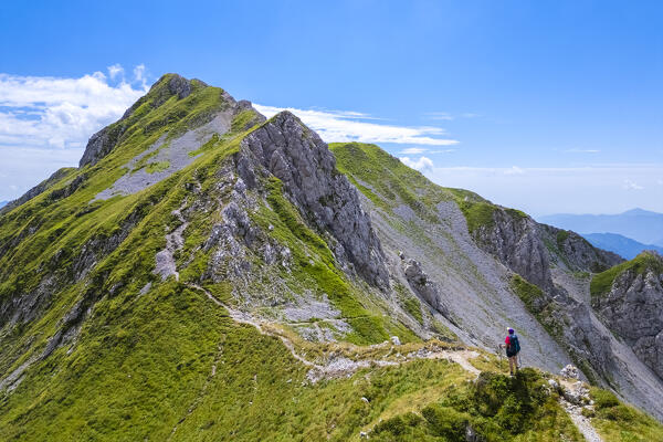 Aerial view of the Presolana in summer from Passo Pozzera. Castione della Presolana, Val Seriana, Bergamo district, Lombardy, Italy.
