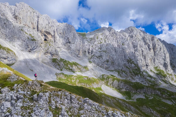Aerial view of the Presolana in summer from Passo Pozzera. Castione della Presolana, Val Seriana, Bergamo district, Lombardy, Italy.