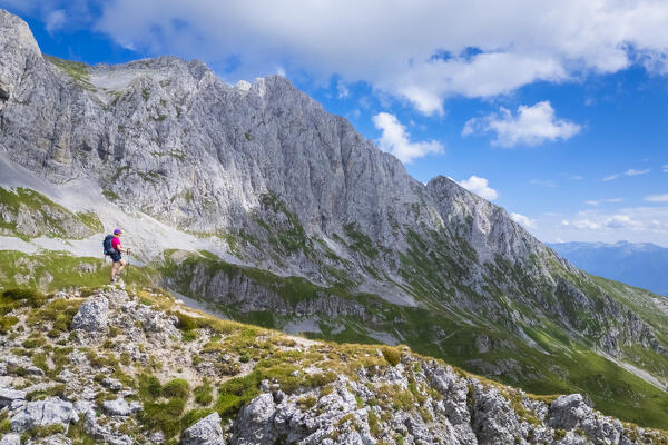 Aerial view of the Presolana in summer from Passo Pozzera. Castione della Presolana, Val Seriana, Bergamo district, Lombardy, Italy.