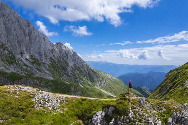 Aerial view of the Presolana in summer from Passo Pozzera. Castione della Presolana, Val Seriana, Bergamo district, Lombardy, Italy.
