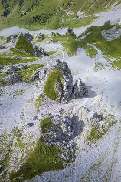 Aerial view of the rocks below Passo di Pozzera in Presolana mount. Castione della Presolana, Val Seriana, Bergamo district, Lombardy, Italy.
