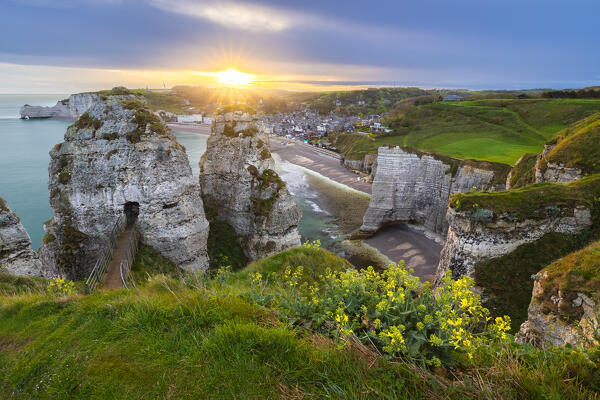 View of the cliffs of Etretat at sunrise, Octeville sur Mer, Le Havre, Seine Maritime, Normandy, France, Western Europe.