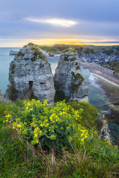 View of the cliffs of Etretat at sunrise, Octeville sur Mer, Le Havre, Seine Maritime, Normandy, France, Western Europe.