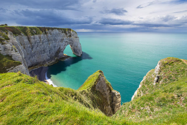 View of the cliffs of Etretat, Octeville sur Mer, Le Havre, Seine Maritime, Normandy, France, Western Europe.