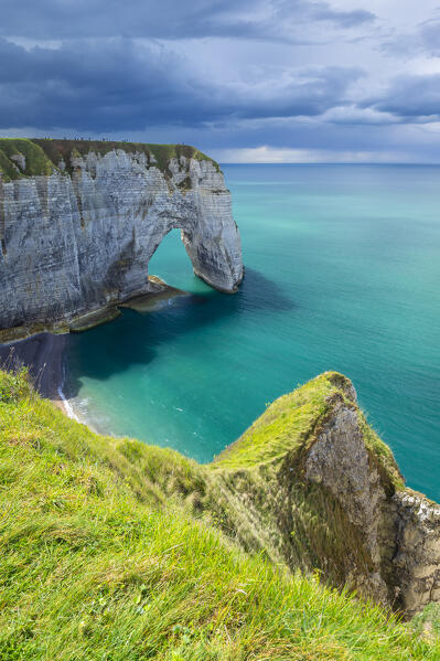 View of the cliffs of Etretat, Octeville sur Mer, Le Havre, Seine Maritime, Normandy, France, Western Europe.