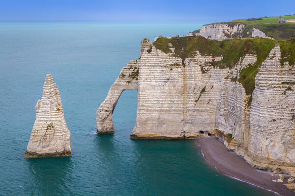 The arch and needle of Etretat, Octeville sur Mer, Le Havre, Seine Maritime, Normandy, France, Western Europe.