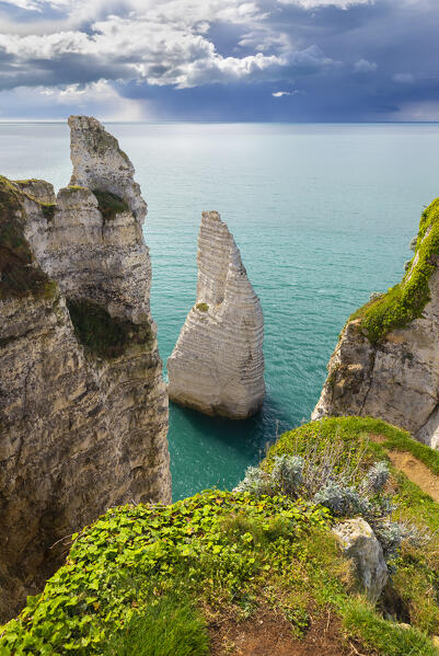 Aerial view of the cliffs of Etretat, Octeville sur Mer, Le Havre, Seine Maritime, Normandy, France, Western Europe.