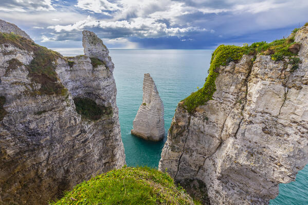 Aerial view of the cliffs of Etretat, Octeville sur Mer, Le Havre, Seine Maritime, Normandy, France, Western Europe.