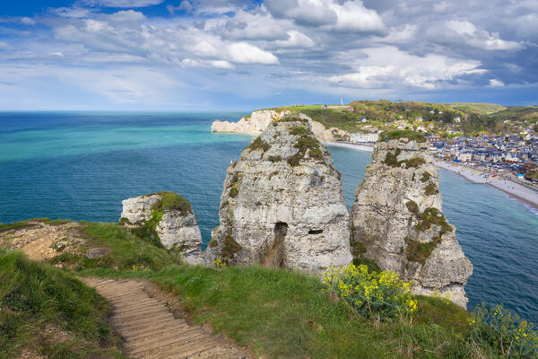 View of the cliffs of Etretat, Octeville sur Mer, Le Havre, Seine Maritime, Normandy, France, Western Europe.