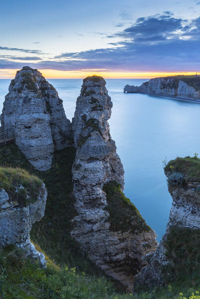 View of the cliffs of Etretat at sunrise, Octeville sur Mer, Le Havre, Seine Maritime, Normandy, France, Western Europe.