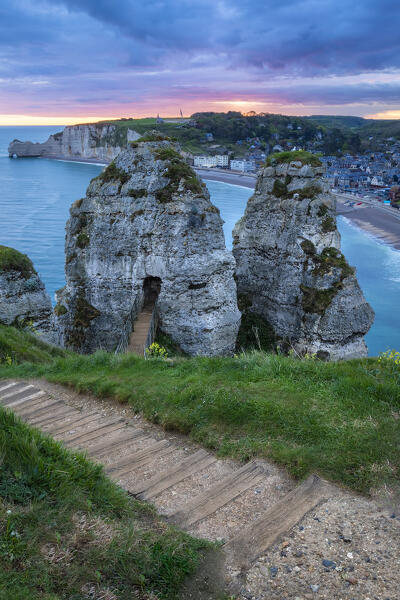 View of the cliffs of Etretat at sunrise, Octeville sur Mer, Le Havre, Seine Maritime, Normandy, France, Western Europe.