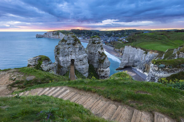 View of the cliffs of Etretat at sunrise, Octeville sur Mer, Le Havre, Seine Maritime, Normandy, France, Western Europe.